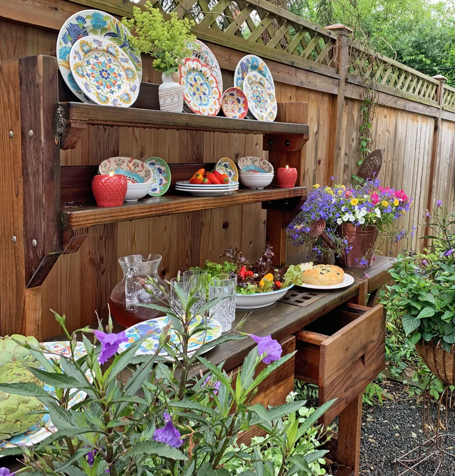 Eli's Redwood Potting Bench (Options: Large Size, California Redwood, No Casters, 2 Shelves, Both Sides Fold Down, Copper Inset for Right Drawer, No Engraving, Removable Slatted Lid Over Right Drawer, Transparent Premium Sealant). Photo Courtesy of M. Cooke of Westchester, IL.