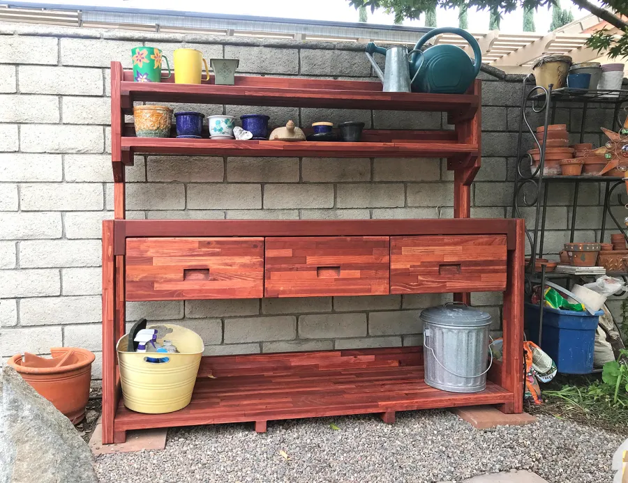 Eli's Redwood Potting Bench (Options: XXL Size, Mosaic Redwood, No Casters, No Fold Down Sides, No Cooper Inset, With Two Shelves, Removable Lids Over Right Drawer, Transparent Premium Sealant). Photo Courtesy of W. Courey of Rancho Cucamonga, California.