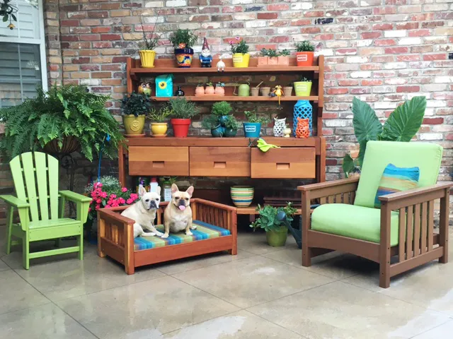 Eli's Redwood Potting Bench (Options: XXL Size, Old-Growth Redwood, With Casters, Two Shelves, No Fold Down Sides, No Cooper Inset, No Engraving, Removable Lid Over 2 Drawers, Transparent Premium Sealant). Photo Courtesy of Cheryl Williams of Canton, MI.