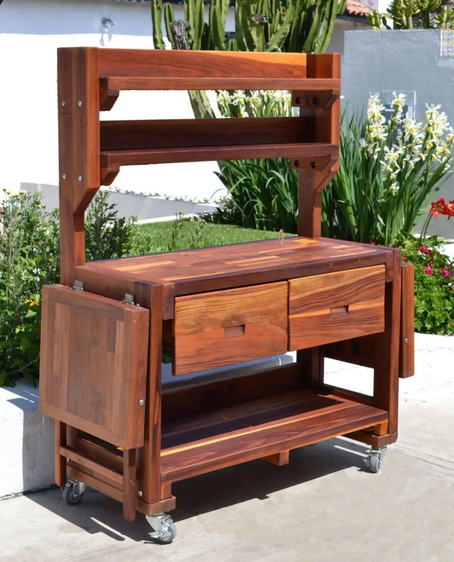 Eli's Redwood Potting Bench (Options: Large Size, California Redwood, Casters, 2 Shelves, Both Sides Fold Down, Copper Insets for Both Drawers, No Engraving, Removable Lid for Right Drawer, Transparent Premium Sealant).  