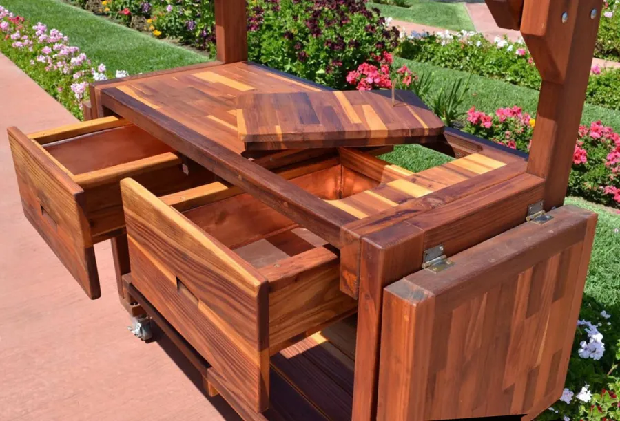 Eli's Redwood Potting Bench (Options: Large Size, California Redwood, Casters, 2 Shelves, Both Sides Fold Down, Copper Insets for Both Drawers, No Engraving, Removable Lid for Right Drawer, Transparent Premium Sealant).  