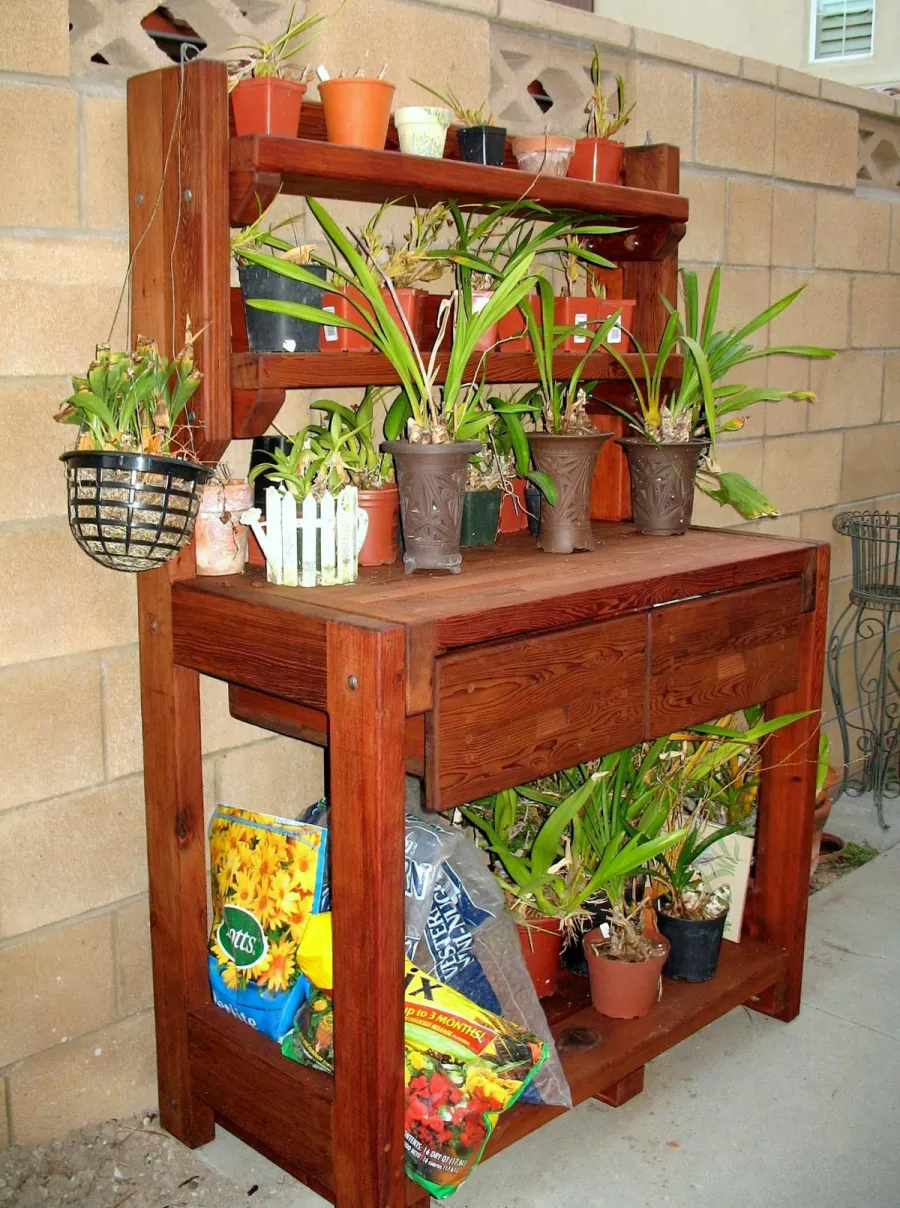Eli's Redwood Potting Bench (Options: Standard Size, Old-Growth Redwood, No Casters, Two Shelves, No Fold Down Sides, No Copper Inset, No Engraving, No Removable Lid, Transparent Premium Sealant). Maybe needs a second one...