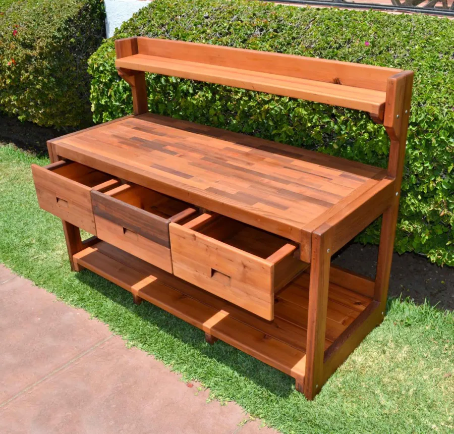 Eli's Redwood Potting Bench (Options: XXL Size, Old-Growth Redwood, No Casters, One Shelf, No Fold Down Sides, No Cooper Inset, No Engraving, No Removable Lid, Transparent Premium Sealant).