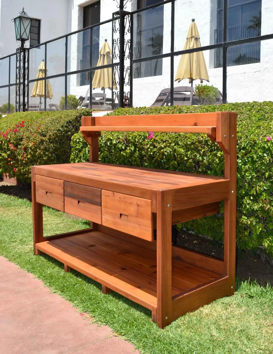 Eli's Redwood Potting Bench (Options: XXL Size, Old-Growth Redwood, No Casters, One Shelf, No Fold Down Sides, No Cooper Inset, No Engraving, No Removable Lid, Transparent Premium Sealant).