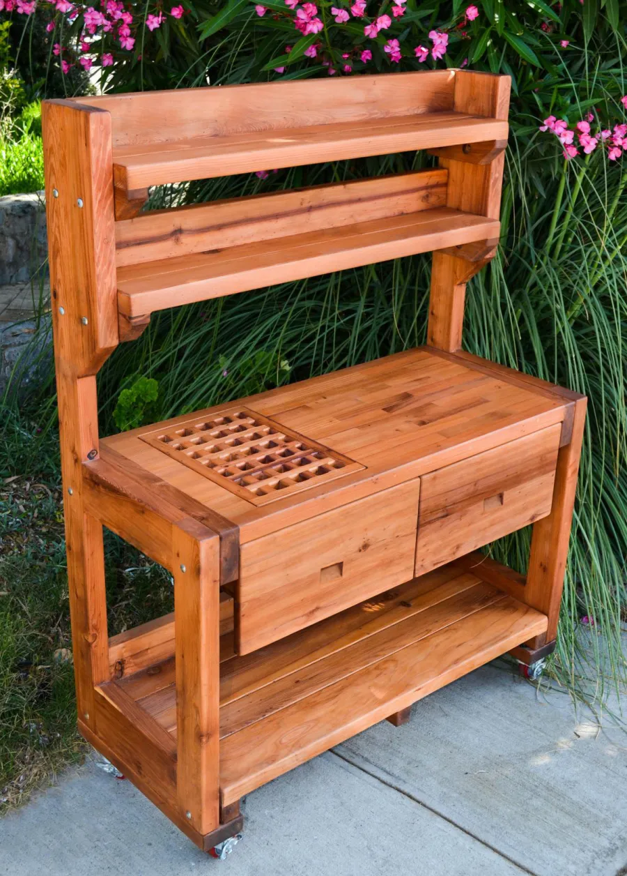 Eli's Redwood Potting Bench (Options: Large Size, Mature Redwood, Casters, Two Shelves, No Fold Down Sides, No Copper Inset, No Engraving, Removable Slatted Lid for Left Drawer, Transparent Premium Sealant). 