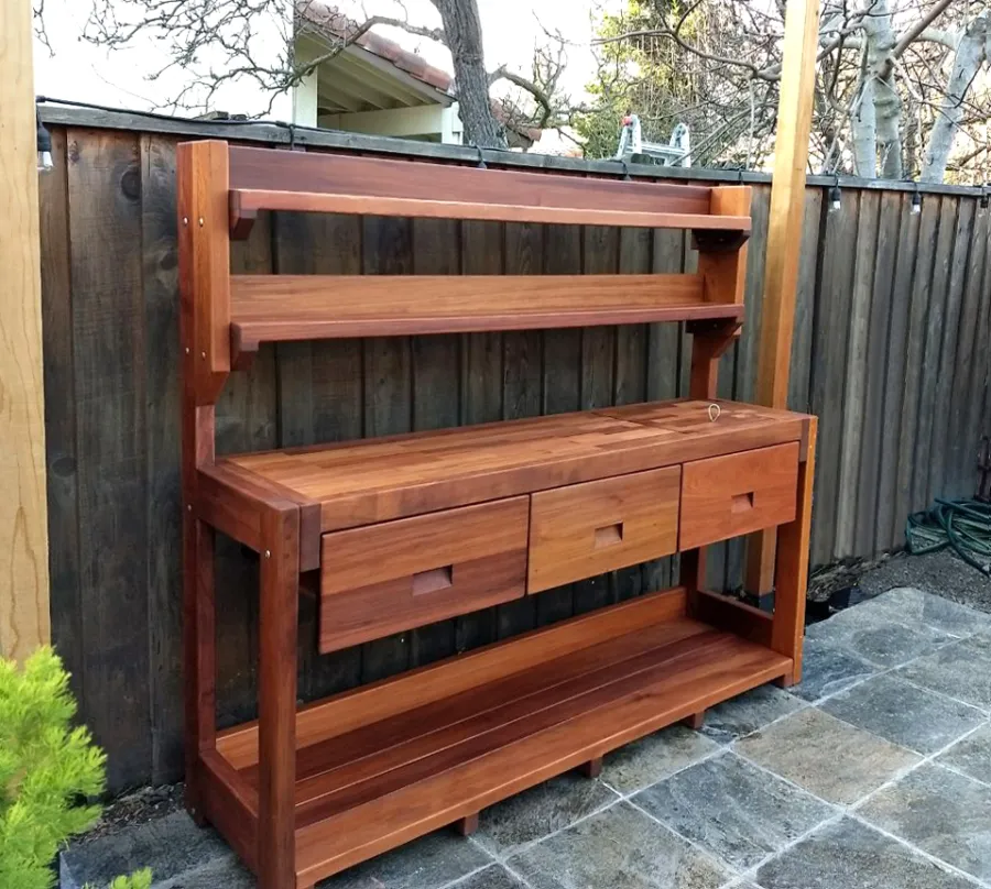 Eli's Redwood Potting Bench (Options: XXL Size, Old-Growth Redwood, No Casters, Two Shelves, No Fold Down Sides, No Cooper Inset, No Engraving, Removable Lid Over Right Drawer, Transparent Premium Sealant). Photo Courtesy of R. Cunningham of Sacramento, CA.