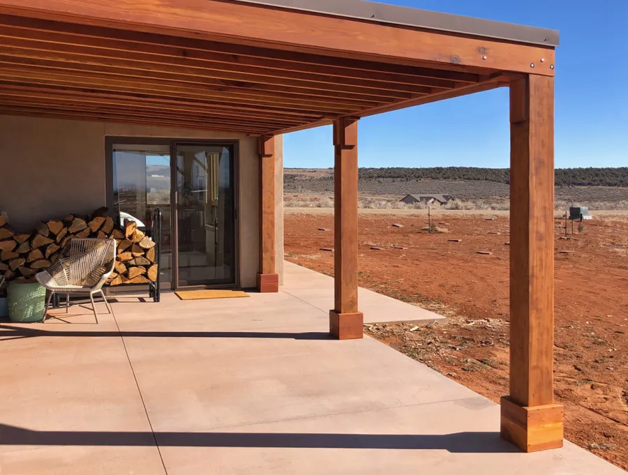 Emma's Modern Pavilion (Options: 14' x 19'-6", No Privacy Panel, California Redwood, 8'-6" H, 2 Electrical Wiring Trims, 6-Post Anchor Kit for High-Wind, No Post Decorative Trim, No Ceiling Fan Base, No Curtain Rods, Transparent Premium Sealant). 