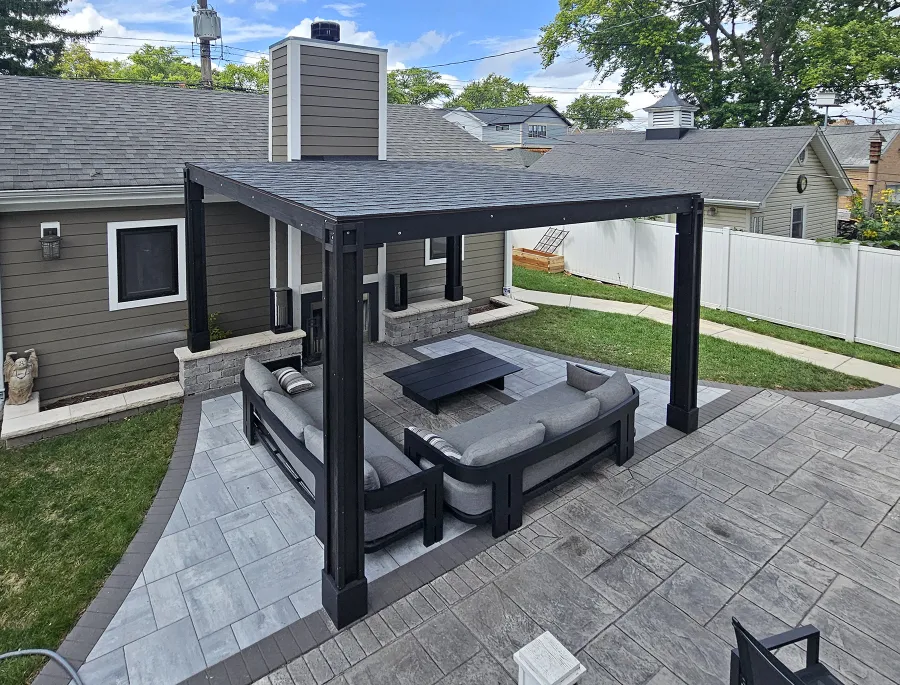 Emma's Modern Pavilion (Options: 12' x 14', No Privacy Panel, California Redwood, 9' H, Back Posts Wrapped in Masonry, 4 Electrical Wiring Trims, Vertical Post Decorative Trims, 1 Ceiling Fan Base, No Curtain Rods, Custom Finish [Wood Treatment Valhalla]). Photo Courtesy of P. Praxmarer of Chicago, IL.