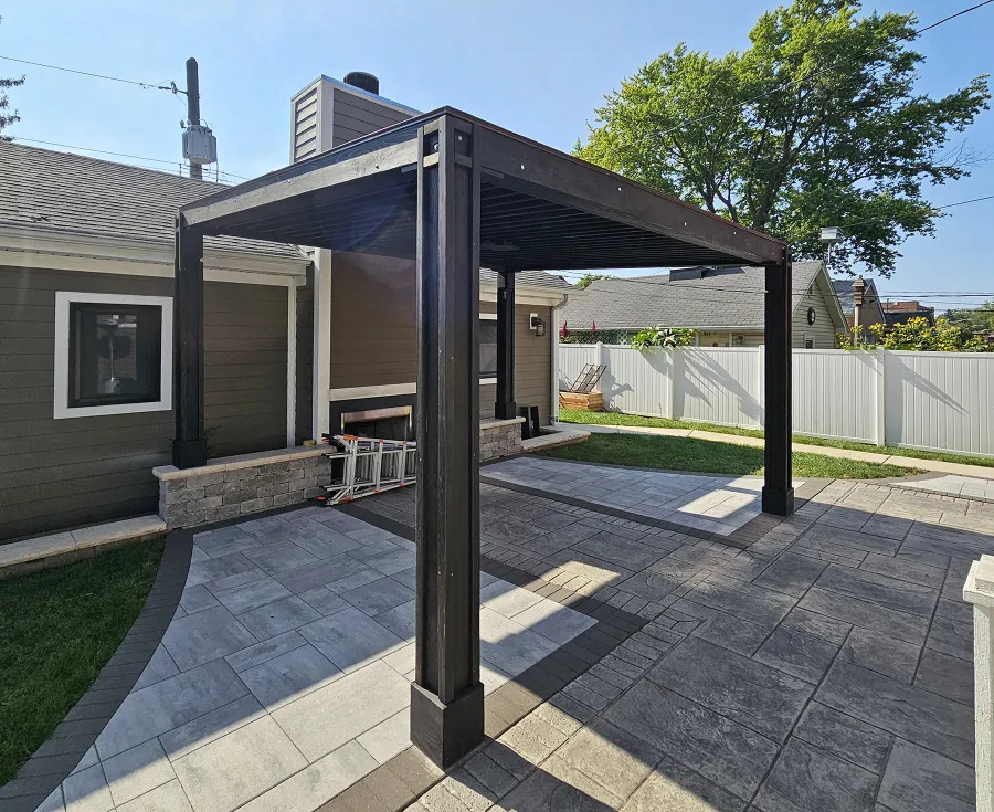 Emma's Modern Pavilion (Options: 12' x 14', No Privacy Panel, California Redwood, 9' H, Back Posts Wrapped in Masonry, 4 Electrical Wiring Trims, Vertical Post Decorative Trims, 1 Ceiling Fan Base, No Curtain Rods, Custom Finish [Wood Treatment Valhalla]). Photo Courtesy of P. Praxmarer of Chicago, IL.