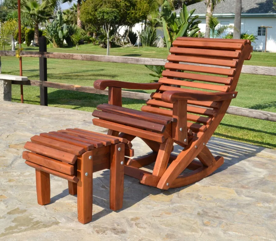 Ensenada Wooden Rocking Chair (Options: Standard Width, Old-Growth Redwood, No Cushion,Transparent Premium Sealant) and Flat Adirondack Ottoman (Options: Old-Growth Redwood, Transparent Premium Sealant). 