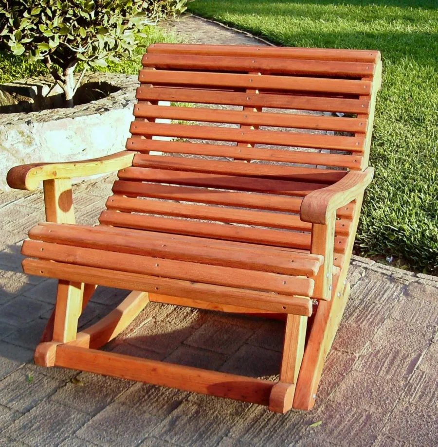 Ensenada Wooden Rocking Chair (Options: Extra Wide, Mature Redwood, No Cushion, Transparent Premium Sealant).