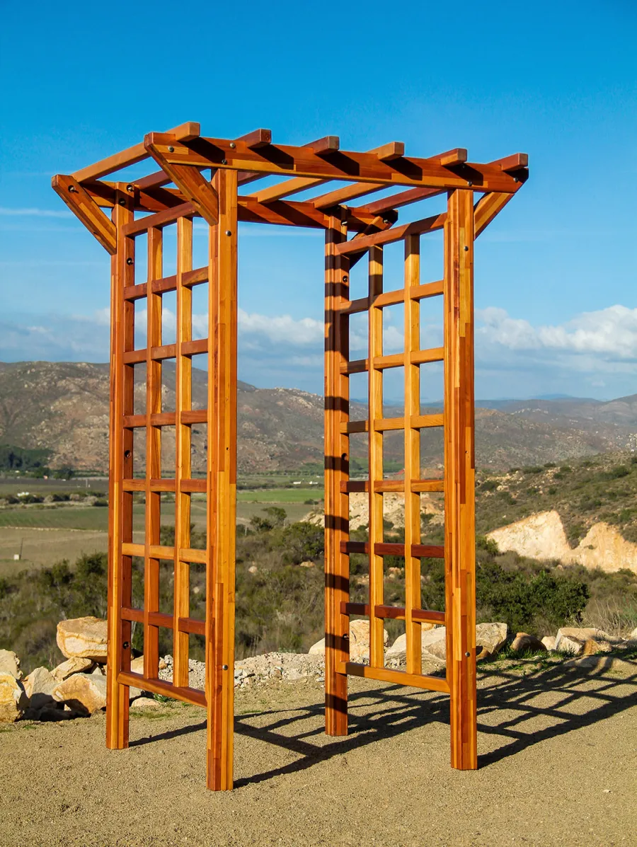 Entryway Arbor (Options: 57 1/2" W, 32" D, Mosaic Redwood, 4-Post Archor Kit for Stone, Brick or Concrete, Transparent Premium Sealant). Customized measures by customer request.