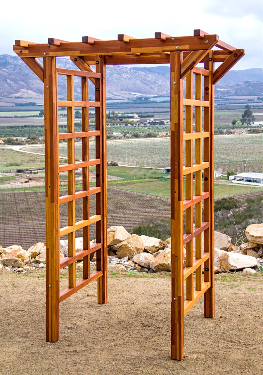 Entryway Arbor (Options: 57 1/2" W, 32" D, Mosaic Redwood, 4-Post Archor Kit for Stone, Brick or Concrete, Transparent Premium Sealant). Customized measures by customer request.