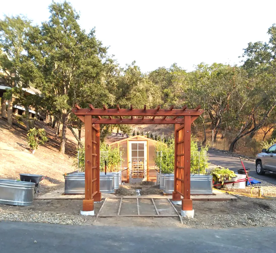 Custom Entryway Arbor (Options: 120" W, 84" D, California Redwood, 4-Post Archor Kit for Concrete, Transparent Premium Sealant) with 6 x 6 Posts and 2 x 6 Rafters by Custom Request. Photo Courtesy of K. Moore of Healdsburg, CA.