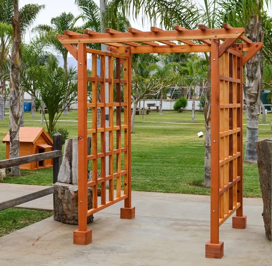 Entryway Arbor (Options: 80" W, 60" D, California Redwood, 4-Post Archor Kit for Stone, Brick or Concrete, Transparent Premium Sealant).
