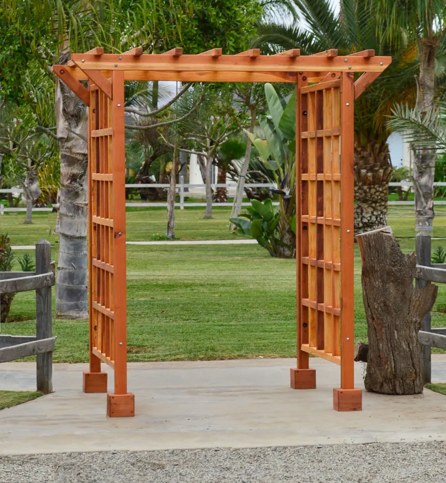 Entryway Arbor (Options: 80" W, 60" D, California Redwood, 4-Post Archor Kit for Stone, Brick or Concrete, Transparent Premium Sealant).