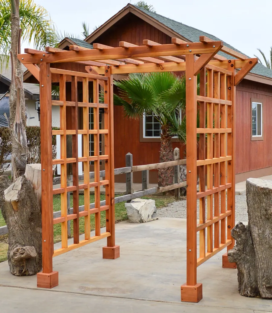 Entryway Arbor (Options: 80" W, 60" D, California Redwood, 4-Post Archor Kit for Stone, Brick or Concrete, Transparent Premium Sealant).
