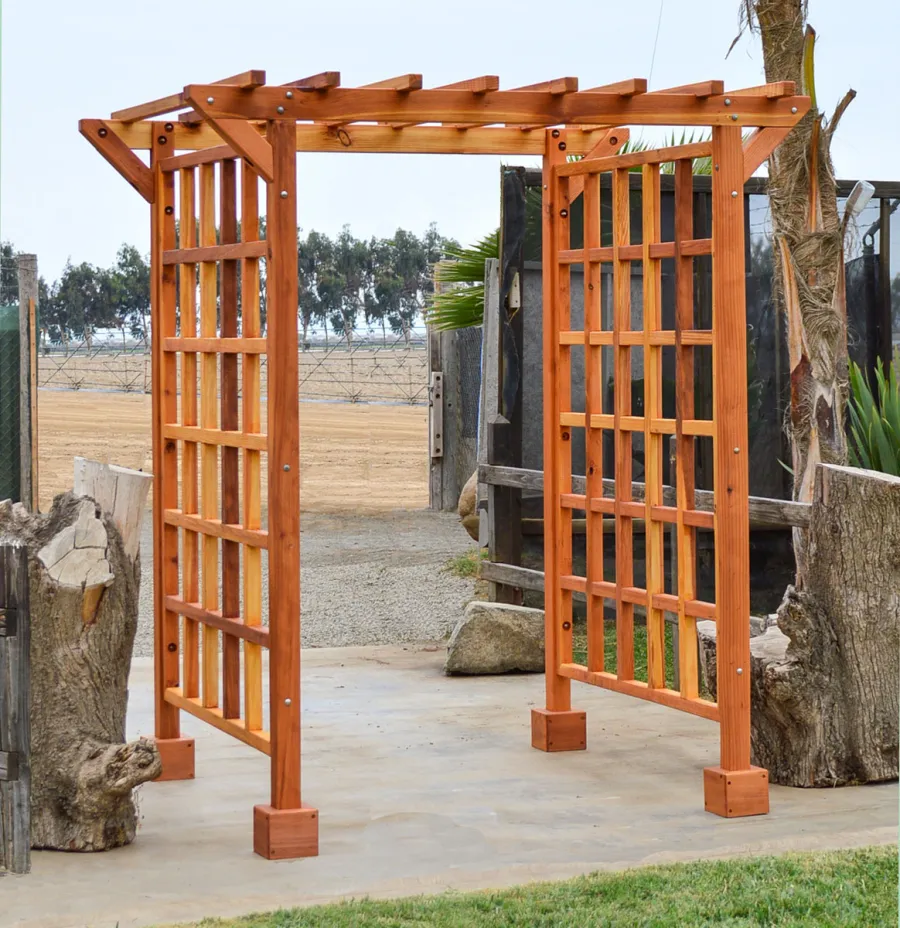 Entryway Arbor (Options: 80" W, 60" D, California Redwood, 4-Post Archor Kit for Stone, Brick or Concrete, Transparent Premium Sealant).