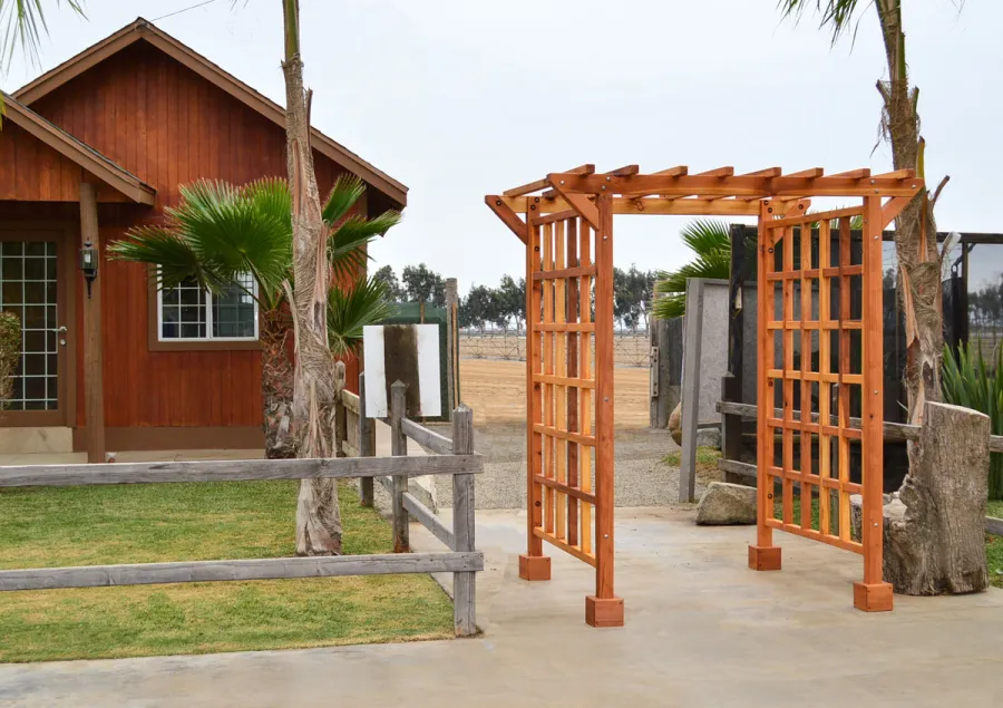 Entryway Arbor (Options: 80" W, 60" D, California Redwood, 4-Post Archor Kit for Stone, Brick or Concrete, Transparent Premium Sealant).