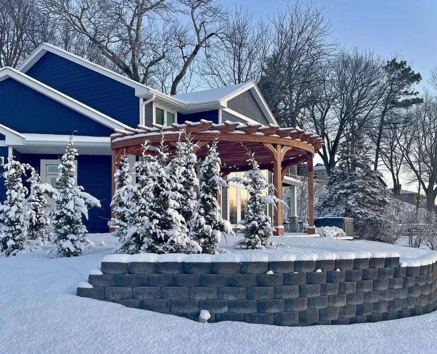 Custom Fan Shaped Pergola Kit (Options: 25' x 18', Mosaic Redwood, With Roof Slats, No Electrical Wiring Trim Kit, Post Anchor Kit for High Wind, No Ceiling Fan Base, 9.5' Posts, No Curtain Rods, Transparent Premium Sealant). Photo Courtesy of T. Gabrielson of Ventura, IA.