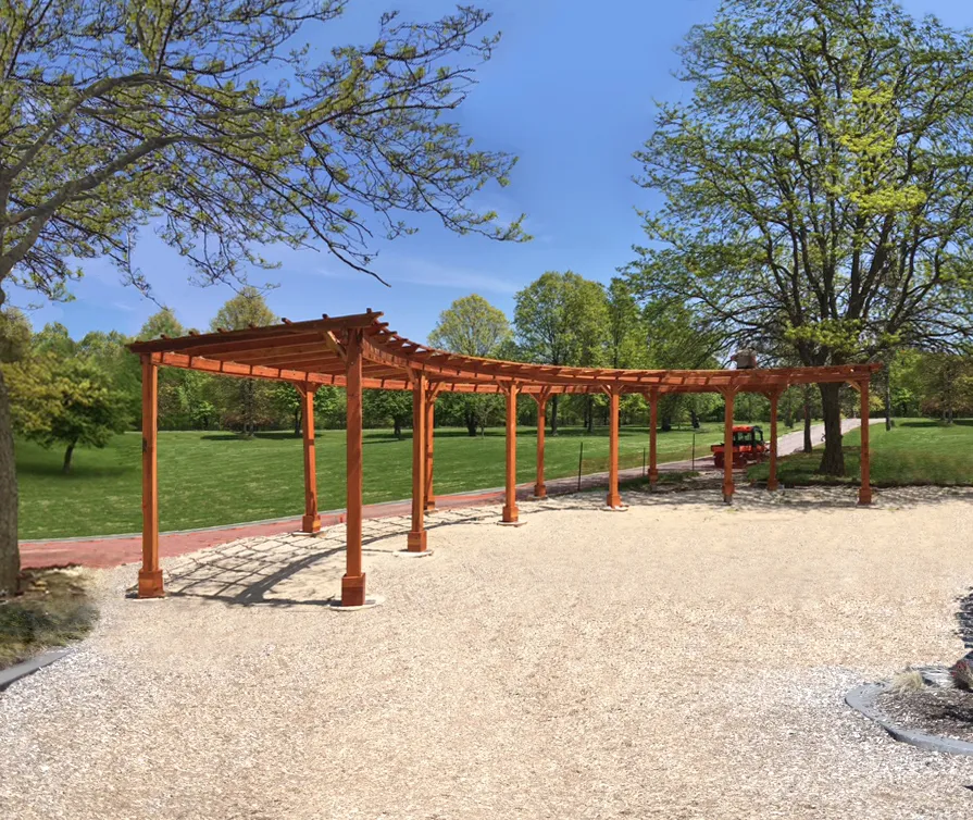 Fan Shaped Pergola Kit (Options: 50' x 12',California Redwood, Open Roof with Slats at 18", No Electrical Wiring Trim Kit, 12-Post Anchor Kit for Concrete, No Ceiling Fan Base, 9' Posts, No Curtain Rods, Transparent Premium Sealant). Photo Courtesy of A. Amstutz of Toledo, OH.