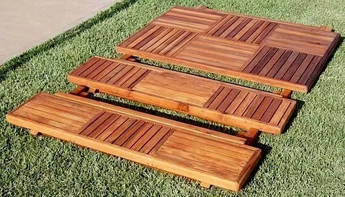 EZ Storage & Transport - Folds Up to Less Than 5 inches. Folding Outdoor Wood Bench (Options: 4 1/2 ft, California Redwood, Checkerboard Design, Squared Corners, Transparent Premium Sealant).