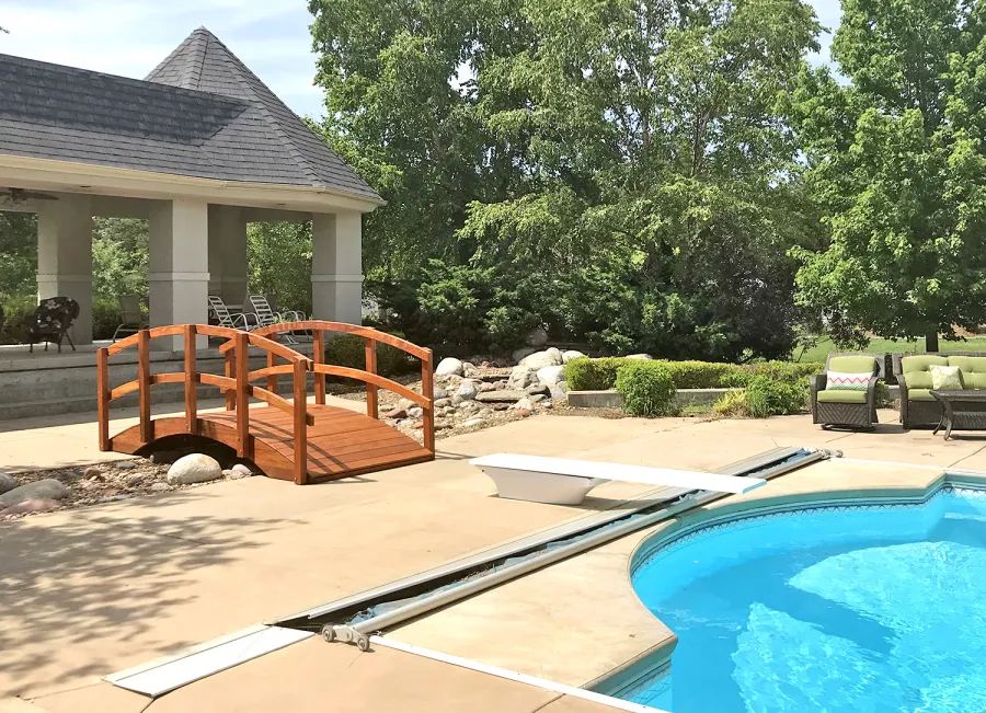 Custom Forever Foot Bridge (Options: 12' L, Mature Redwood, 5' Wide Instead of the Standard 4' Width, Transparent Premium Sealant). Photo Courtesy of Robert McKay of Wichita, Kansas.