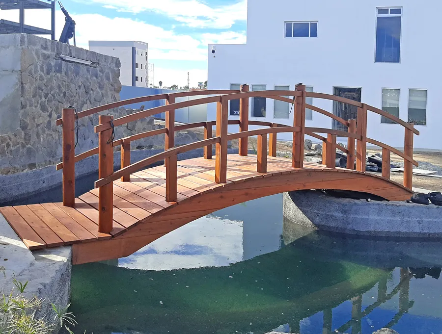 Custom Forever Foot Bridge (Options: 21' L, Mature Redwood, 5' Wide Instead of the Standard 4' Width, Arched 2x4 Handrail and Circular 6x6 Posts on Corners and Center by Custom Request, Transparent Premium Sealant). Photo Courtesy of Hino Medical Center of Ensenada, Baja California, Mexico.
