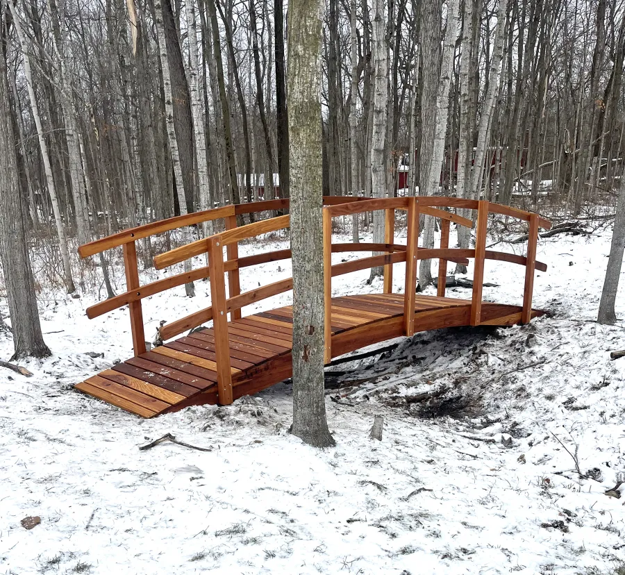 Custom Forever Foot Bridge (Options: 18' L, California Redwood, 4' Width, Transparent Premium Sealant). Photo Courtesy of T. Reyes of St. Charles, IL.