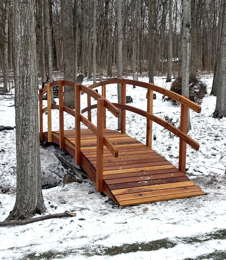 Custom Forever Foot Bridge (Options: 18' L, California Redwood, 4' Width, Transparent Premium Sealant). Photo Courtesy of T. Reyes of St. Charles, IL.