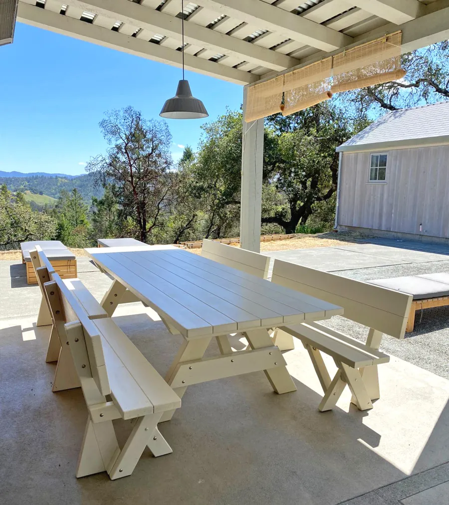 Forever Picnic Tables (Unattached Benches) (Options: 10' L, 40 ¼in W, Side Fullback Benches, Douglas-fir, 2 Half Length Benches Per Side, Standard Tabletop, Squared Corners, No Umbrella Hole, White Stain Premium Sealant). Photo Courtesy of K. Weis of Healdsburg, CA.