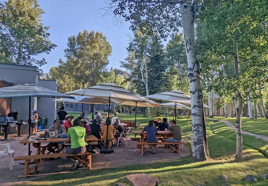 Forever Picnic Tables (Unattached Benches) (Options: 6' L, 34 ½in W, Side Benches, Douglas-fir, 1 Full Length Side Benches Per Side, Standard Tabletop, Slightly Rounded Corners, No Umbrella Hole, Transparent Premium Sealant). Photo Taken at the Aspen Center for Physics.