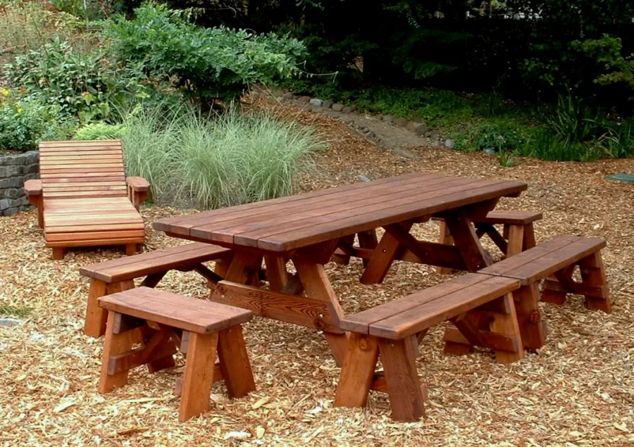 Forever Picnic Tables (Unattached Benches) (Options: 8' L, 34 ½in W, Side and End Benches, Old-Growth Redwood, 2 Half Length Side Benches Per Side, Standard Tabletop, Slightly Rounded Corners, No Umbrella Hole, Transparent Sealant).