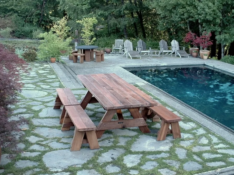 Forever Picnic Tables (Unattached Benches) (Options: 8' L, 34 ½in W, Side Benches, Mature Redwood, 2 Half Length Side Benches Per Side, Standard Tabletop, Slightly Rounded Corners, No Umbrella Hole, Transparent Premium Sealant).