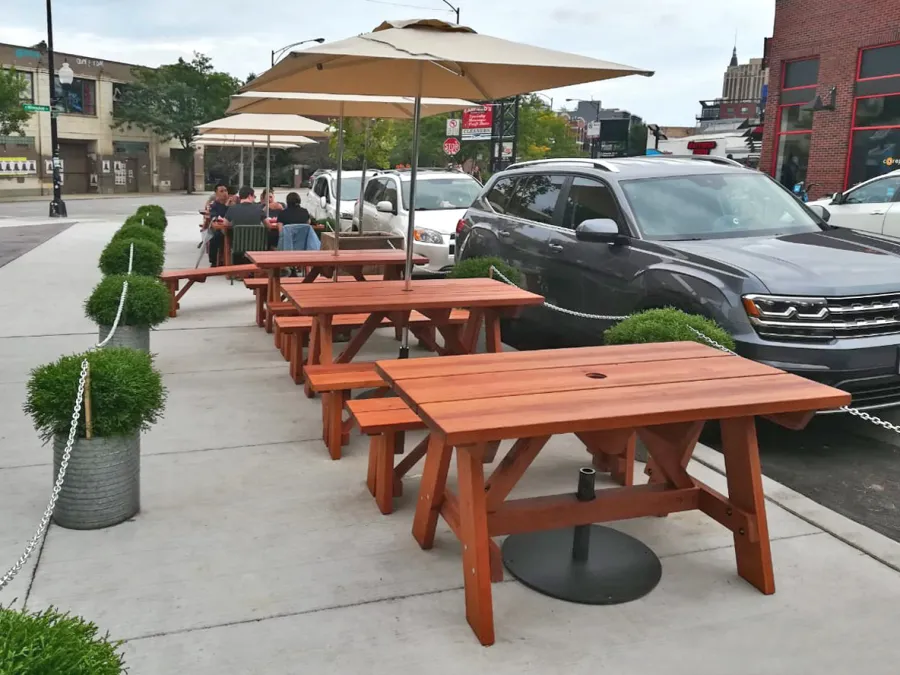 Custom Forever Picnic Tables (Unattached Benches) (Options: 5' L, 34 ½in W, Old-Growth Redwood, 1 Full Length Bench Per Side, Standard Tabletop, Slightly Rounded Corners, Umbrella Hole, Table with an Extra Brace Underneath to Hold the Umbrella Stand, Transparent Premium). Photo Courtesy of A. Peterson of Chicago, Illinois.