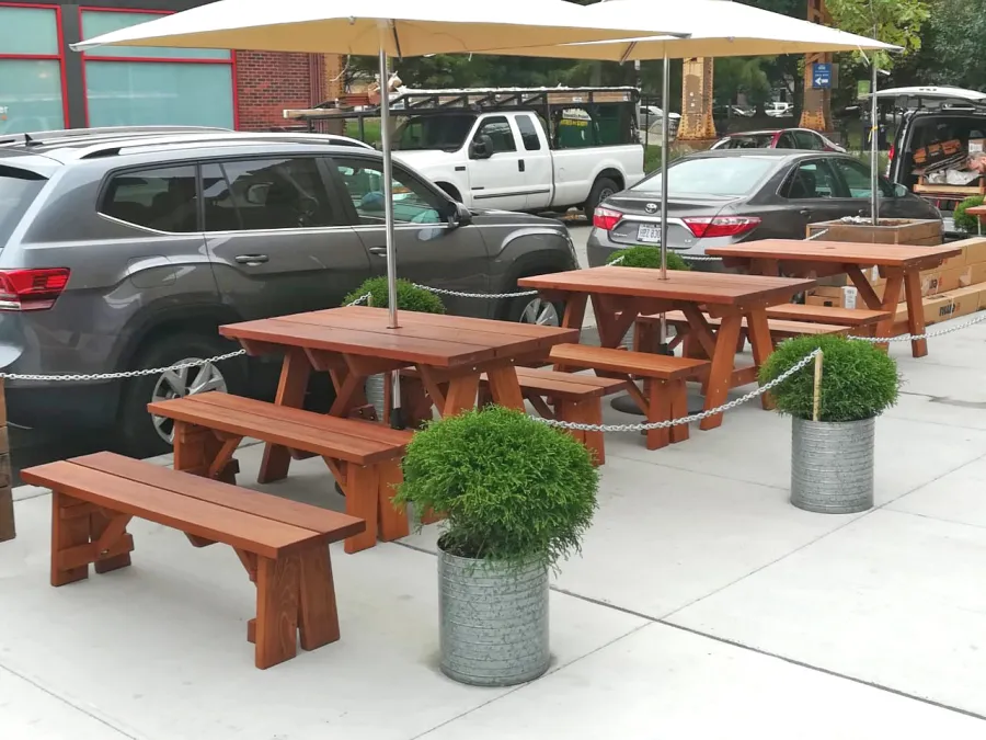 Custom Forever Picnic Tables (Unattached Benches) (Options: 5' L, 34 ½in W, Old-Growth Redwood, 1 Full Length Bench Per Side, Standard Tabletop, Slightly Rounded Corners, Umbrella Hole, Table with an Extra Brace Underneath to Hold the Umbrella Stand, Transparent Premium). Photo Courtesy of A. Peterson of Chicago, Illinois.