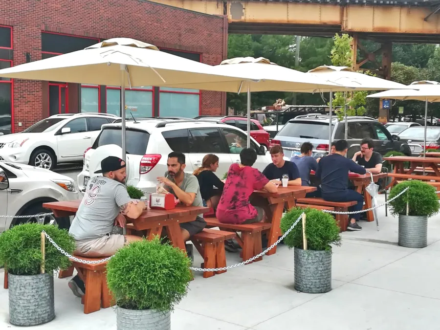 Custom Forever Picnic Tables (Unattached Benches) (Options: 5' L, 34 ½in W, Old-Growth Redwood, 1 Full Length Bench Per Side, Standard Tabletop, Slightly Rounded Corners, Umbrella Hole, Table with an Extra Brace Underneath to Hold the Umbrella Stand, Transparent Premium). Photo Courtesy of A. Peterson of Chicago, Illinois.
