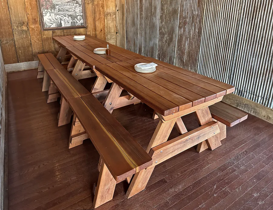 Custom Forever Picnic Tables (Unattached Benches) (Options: 4' L, 30in W, California Redwood, 1 Full Length Bench Per Side, Standard Tabletop, Slightly Rounded Corners, No Umbrella Hole, Transparent Premium Sealant). Photo Taken 1 Year After Installation. Photo Courtesy of A. Dalton of Fairfield, Ohio.