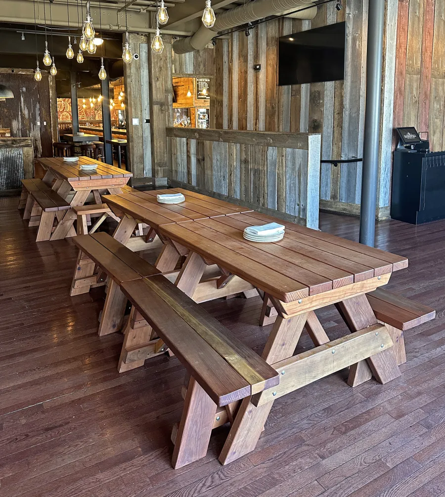 Custom Forever Picnic Tables (Unattached Benches) (Options: 4' L, 30in W, California Redwood, 1 Full Length Bench Per Side, Standard Tabletop, Slightly Rounded Corners, No Umbrella Hole, Transparent Premium Sealant). Photo Taken 1 Year After Installation. Photo Courtesy of A. Dalton of Fairfield, Ohio.