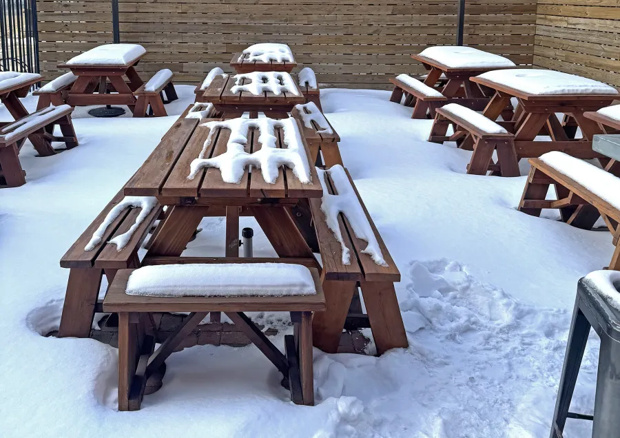 Forever Picnic Tables (Unattached Benches) (Options: Several Lengths, 34 ½in W, Side Benches, California Redwood, 1 Full Length Side Bench Per Side, Standard Tabletop, Squared Corners, 2in Umbrella Hole, Transparent Premium Sealant). Photo Courtesy of A. Dalton of Fairfield, OH.