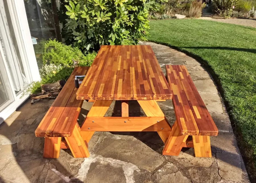 Forever Picnic Tables (Unattached Benches) (Options: 6' L, 28 ¾in W, Side Benches, Mosaic Redwood, 1 Full Length Side Benches Per Side, Standard Tabletop, Slightly Rounded Corners, No Umbrella Hole, Transparent Premium Sealant). Photo Courtesy of C. Dahlstet of Santa Rosa, California.