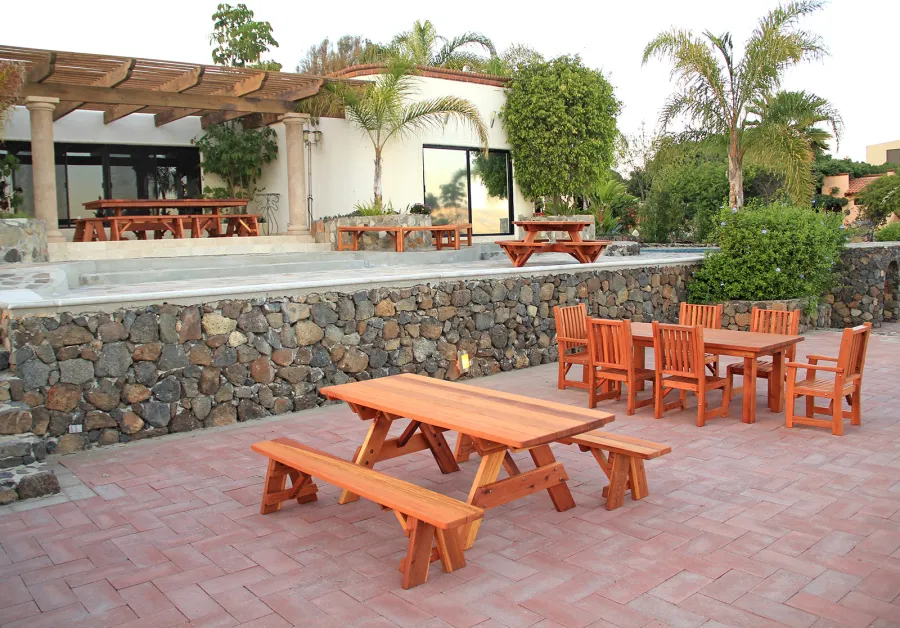 Forever Picnic Table Set with a San Francisco Patio Table Set, a Miramar Tree Bench, a Round Picnic Table and a Baja Table Set.
