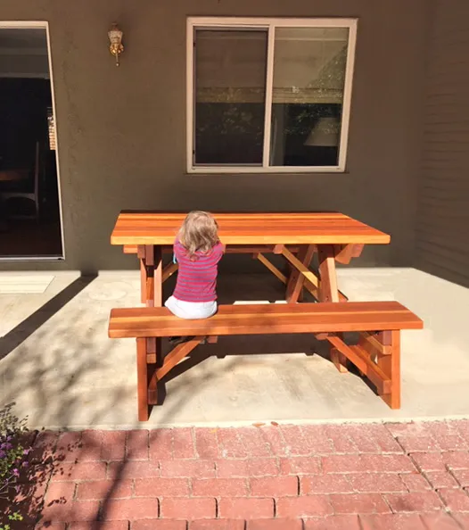 Forever Picnic Tables (Unattached Benches) (Options: 5' L, 34 ½in W, Side Benches, California Redwood, 1 Full Length Side Benches Per Side, Forever Style Benches, Standard Tabletop, Slightly Rounded Corners, No Umbrella Hole, Transparent Premium Sealant). Photo Courtesy of M. Griffinger of Walnut Creek, CA.