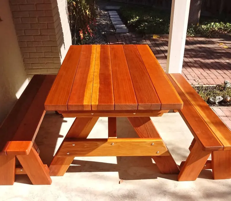 Forever Picnic Tables (Unattached Benches) (Options: 5' L, 34 ½in W, Side Benches, California Redwood, 1 Full Length Side Benches Per Side, Forever Style Benches, Standard Tabletop, Slightly Rounded Corners, No Umbrella Hole, Transparent Premium Sealant). Photo Courtesy of M. Griffinger of Walnut Creek, CA.