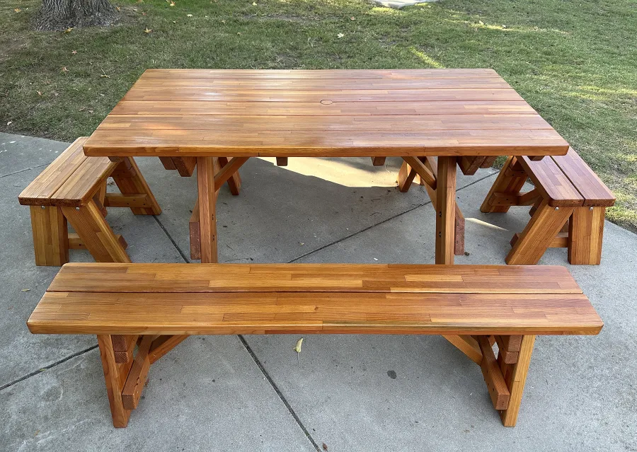 Forever Picnic Tables (Unattached Benches) (Options: 6' L, 34 ½in W, Side and End Benches, Mosaic Douglas-Fir, 1 Full Length Bench Per Side, Standard Tabletop, Rounded Corners, 1 5/8in Umbrella Hole, Transparent Premium Sealant). Photo Courtesy of N. Emery of Goleta, CA.