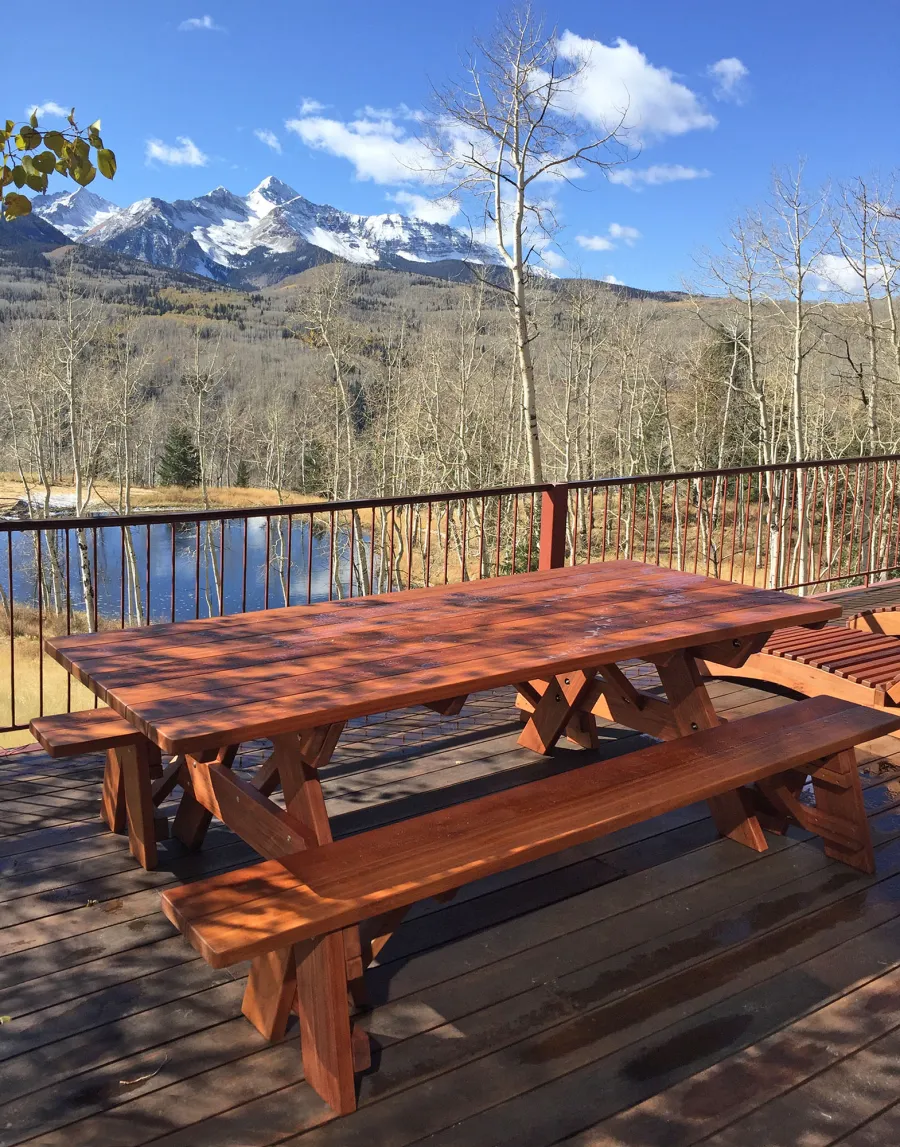Custom Forever Picnic Tables (Unattached Benches) (Options: 8' L, 40 ¼in W, Old-Growth Redwood, 1 Full Length Bench Per Side, Standard Tabletop, Slightly Rounded Corners, No Umbrella Hole, Transparent Premium Sealant). Photo courtesy of P. Sigel of Telluride, Colorado.