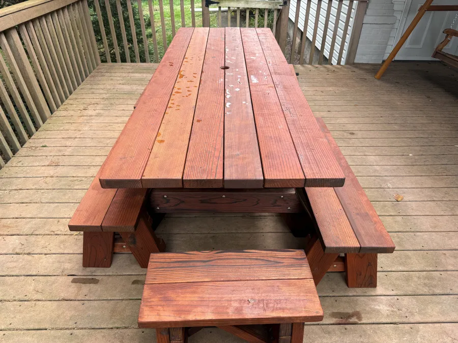 Forever Picnic Table (Unattached Benches) (Options: 8' L, 34 ½in W, Side Benches, California Redwood, 2 Half Length Benches Per Side, Standard Tabletop, Slightly Rounded Corners, 2in Umbrella Hole, Table Resealed 6 Years After Installation with a Custom Finish [Penofin Brand Product]). Photo Courtesy of D. Sutton of Pottstown, PA.