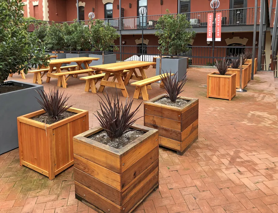 Forever Picnic Tables (Unattached Benches) (Options: 7' L, 34 ½in W, Some Table with No Seating and Some with Side Benches, Douglas-fir,1 Full Length Side Bench Per Side, Standard Tabletop, Slightly Rounded Corners, No Umbrella Hole, Transparent Premium Sealant). Photo also shows some Mendocino and Napa Planters. Photo Courtesy of A. Frost. Installed at Ghirardelli Square, West Plaza Beer Garden, located at 900 North Point Street at the corner of Beach & Larkin Streets, San Francisco, CA.