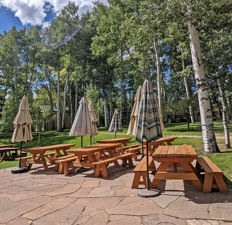 Forever Picnic Tables (Unattached Benches) (Options: 6' L, 34 ½in W, Side Benches, Douglas-fir, 1 Full Length Side Benches Per Side, Standard Tabletop, Slightly Rounded Corners, No Umbrella Hole, Transparent Premium Sealant). Photo Taken at the Aspen Center for Physics.