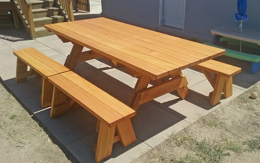 Forever Picnic Tables (Unattached Benches) (Options: 8' L, 40 ¼in W, Side Benches, Douglas-fir, 2 Half Length Side Benches Per Side, Standard Tabletop, Slightly Rounded Corners, No Umbrella Hole, Transparent Premium Sealant). Photo Courtesy of C. Fricke of Harbor City, CA.